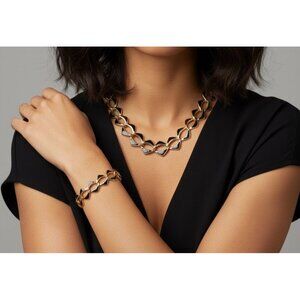 Vtg Y2K Gold Black Geometric Necklace & Bracelet Set Korea Statement Jewelry